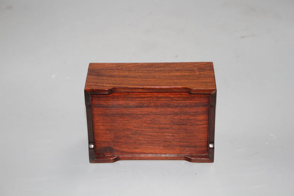 A Chinese hardwood box with inset bowenite jade panel, 13cm